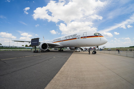 BERLIN - JUNE 06, 2024: The wide-body jet airliner Airbus Corporate Jet version of the A350 Kurt...
