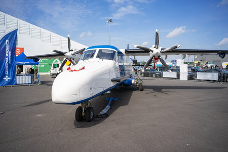 BERLIN - JUNE 06, 2024: The twin-turboprop STOL utility aircraft Dornier 228 NXT, since 2020 owned General Atomics Aerotec. ILA Berlin Air Show 2024.のeditorial素材