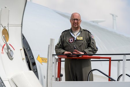 BERLIN - JUNE 06, 2024: The technician of military aircraft Boeing E-3A Sentry AWACS. ILA Berlin Air Show 2024.のeditorial素材
