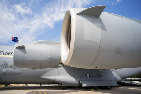 BERLIN - JUNE 06, 2024: The jet engine of strategic and tactical airlifter McDonnell Douglas-Boeing C-17 Globemaster III. US Air Force. ILA Berlin Air Show 2024.のeditorial素材