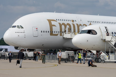 BERLIN - JUNE 07, 2024: The largest passenger airliner in the world - Airbus A380-800 on the airfield. Emirates Airline. ILA Berlin Air Show 2024.のeditorial素材