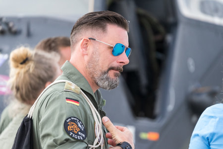 BERLIN - JUNE 07, 2024: The portrait of a German Army helicopter pilot. ILA Berlin Air Show 2024.