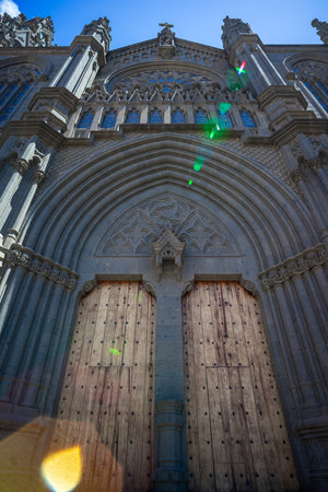 Fragment facade of the Church of San Juan Bautista, is a Catholic church located in the old town of Arucas, in Gran Canaria, Canary Islands, Spain. Lens flare.の写真素材