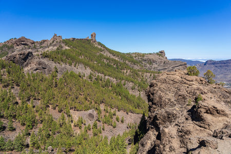 View of the Roque Nublo cliffs from the Mirador Presa de Los Hornos. Gran Canaria. Canary Islands. Spain.の写真素材