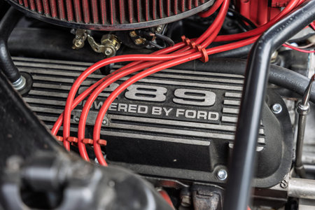 LINTHE, GERMANY - JUNE 08, 2025: Engine detail of Ford 289 V8 Windsor, 1966. Die oldtimer show.