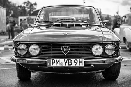 LINTHE, GERMANY - JUNE 08, 2025: Rare sports car Lancia 2000 HF Coupe, 1972. Black and white. Die oldtimer show.のeditorial素材