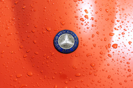 LINTHE, GERMANY - JUNE 08, 2025: Hood emblem detail of luxury roadster Mercedes-Benz 190 SL, 1960....