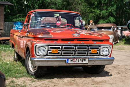 FINOWFURT, GERMANY â€“ JUNE 28, 2025: Classic pickup truck Ford Fâ€‘100 1964. Roadrunner's...