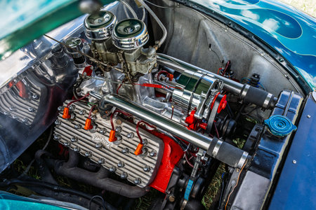 FINOWFURT, GERMANY - JUNE 28, 2025: Flathead V8 engine detail of Ford Mercury Eight Convertible...