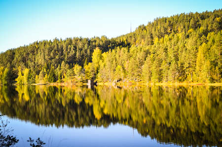 reflection of morning autumn landscape in fjord, norway