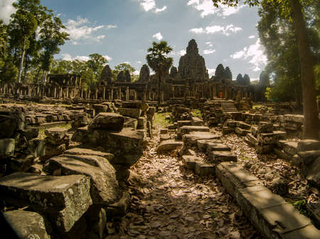 angkor thom temple in archaeological park with monksの写真素材