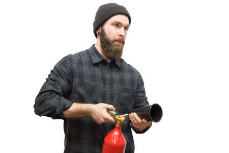 The photo depicts a bearded man on a white backgroundの写真素材