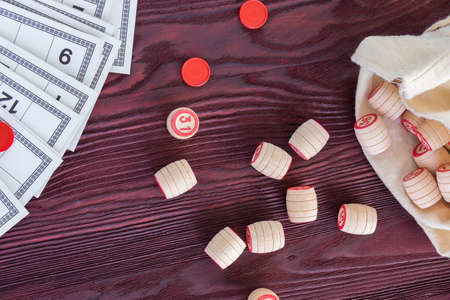 Board game lotto on red background, lotteryの写真素材