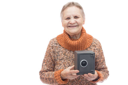 Pensioner with safe piggy bank on white background, Isolatedの写真素材