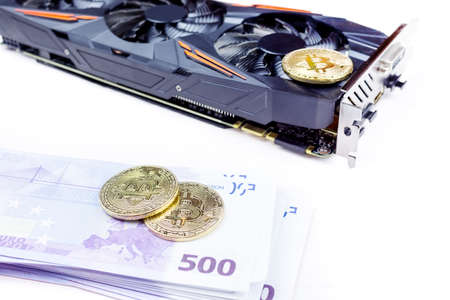 Video card and bitcoin on a white background