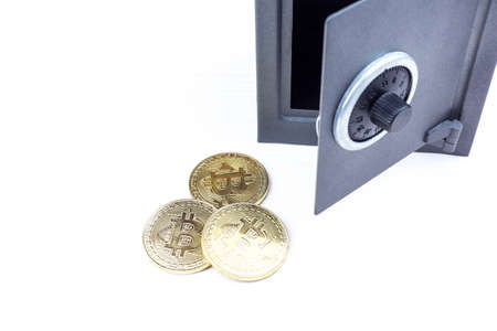 safe and bitcoin on a white backgroundの写真素材