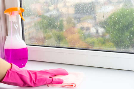 A female hand washes a window sill and a window with a ragの写真素材