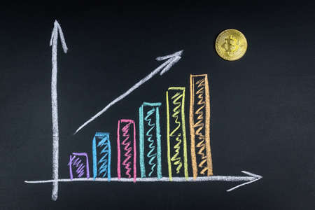 Graph showing the growth of bitcoin chalk on the Boardの写真素材