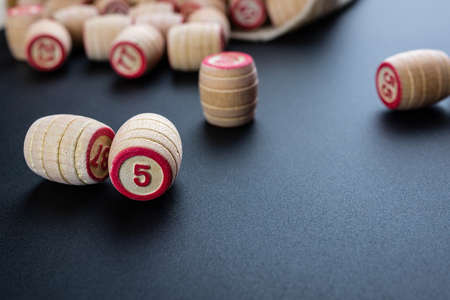 Tabletop old lotto game with wooden elements. Cards bingoの写真素材