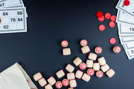 Tabletop old lotto game with wooden elements. Cards bingoの写真素材