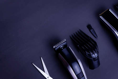 Shaving, Razor, brush, Comb, scissor, clippers and hair trimmer. Accessories for Barber shop equipment on black background Top view copyspaceの写真素材