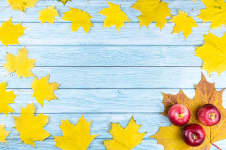 Apples and maple leaves disposed on a wooden table. Flat lay, top view of autumn decoration concept.