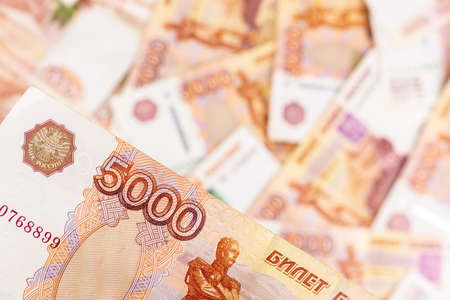 Russian money face value of five thousand rubles. Close-up of Russian rubles. The concept of...
