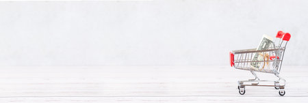 Financial concept, bank notes in the shopping cart. shopping cart with dollars banknotes. financial concept. Dollar in the basketの写真素材