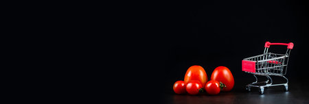 Shot of ripe tasty tomatoes in shopping cart or trolley on white background. Tomato trading concept. Online shopping concept. Banner size. Copy space.の写真素材
