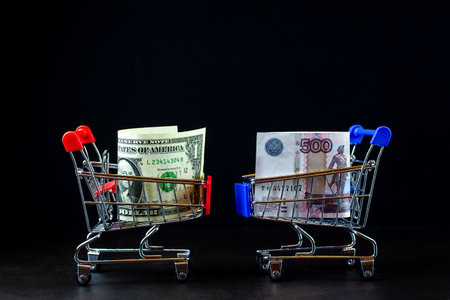 Basket with money from different countries: dollars, rubles on a black backgroundの写真素材