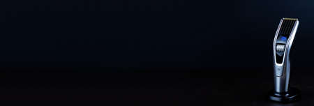 Shaving, Razor, brush, Comb, scissor, clippers and hair trimmer. Accessories for Barber shop equipment on black background Top view copyspaceの写真素材