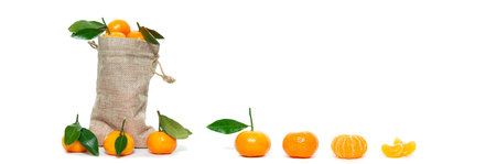 Ripe mandarines with leaves close-up on a white background. Tangerines with leaves on a white background.の写真素材