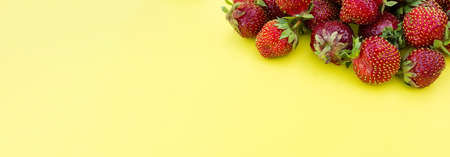Ripe strawberries on a yellow backgroundの写真素材