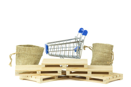 Empty Shopping red cart isolated on white background with clipping pathの写真素材