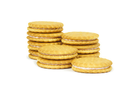 Sandwich cookies, green cream filled biscuits isolated on white background, full depth of fieldの写真素材