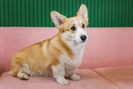 Portrait of Welsh Corgi sitting on sofa at homeの写真素材