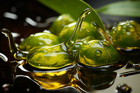Olive oil with drops and leaves on dark background, closeupの素材