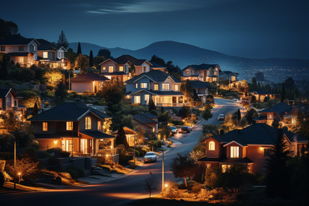 Houses on a hillside at night in Utah, USA.の素材