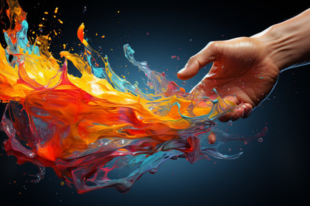 Close up of human hand holding colorful paint splashing on black backgroundの素材
