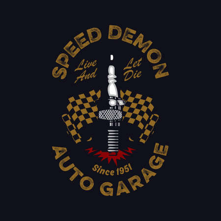 vintage and rustic spark plug and checkered flag emblem on a dark backgroundのイラスト素材