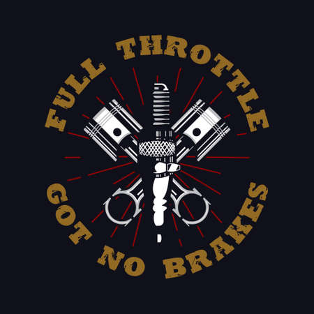 vintage and rustic style motorcycle club emblem with piston and spark plug on a dark background, suitable for motorcycle apparel design.のイラスト素材