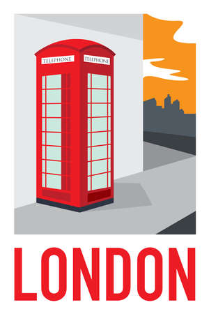 a red telephone booth at the corner of london street in the afternoon. Handmade drawing vector illustration. Vintage style poster, sticker and postcard designのイラスト素材