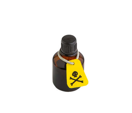 dark glass vial of poison, danger label of toxicity on the label, isolated on white, close