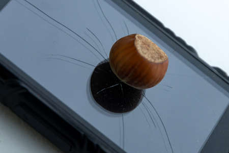 glass phone covered with concentric cracks, on the glass is a whole hazelnut, short focus, toning