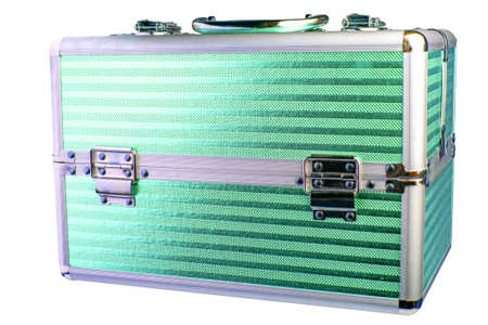 large green metal portable cosmetic case with locks isolated on white background, short focus
