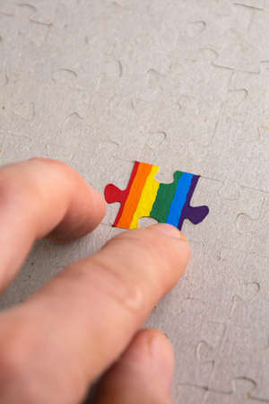 concept of the role of the LGBT community in society: puzzle with the coloring of the flag of sexual...