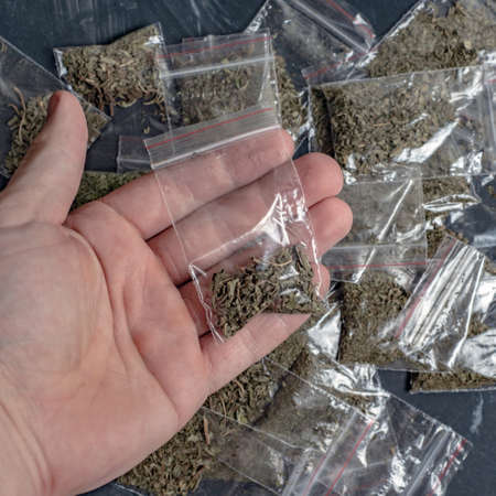 crime evidence: a package with hemp in a personâ€™s hand against the background of a lot of...
