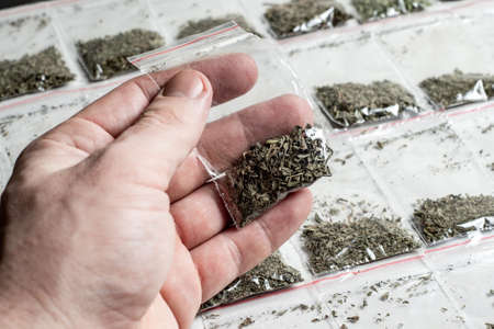 crime evidence: a package with hemp in a personâ€™s hand against the background of many...