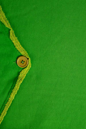 soft green fabric background, with a plastic button and a golden border