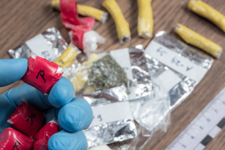 evidence of smuggling traffic: a package with an unknown drug in the hand of an expert against the background of other packages next to the forensic scaleの写真素材